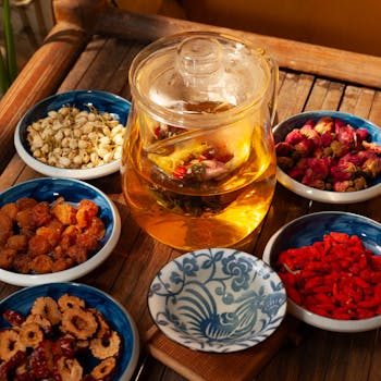 Glass teapot with herbal tea and dried flowers on a wooden tray, surrounded by bowls of dried fruits and flowers.